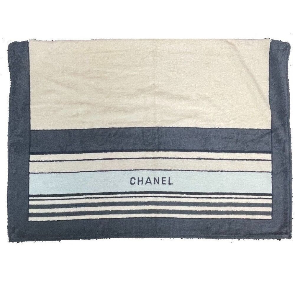 CHANEL border bath towel Beach towel towel cotton Ivory x Blue Based